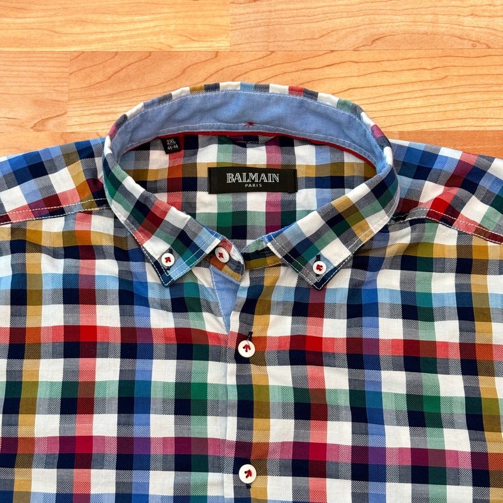 Balmain Paris Mens 2XL Multi Color Gingham Plaid Mercerized Cotton Button Down